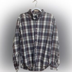 J. Crew Men’s Burgundy Blue White Plaid BU Pocket Shirt LS Size Large